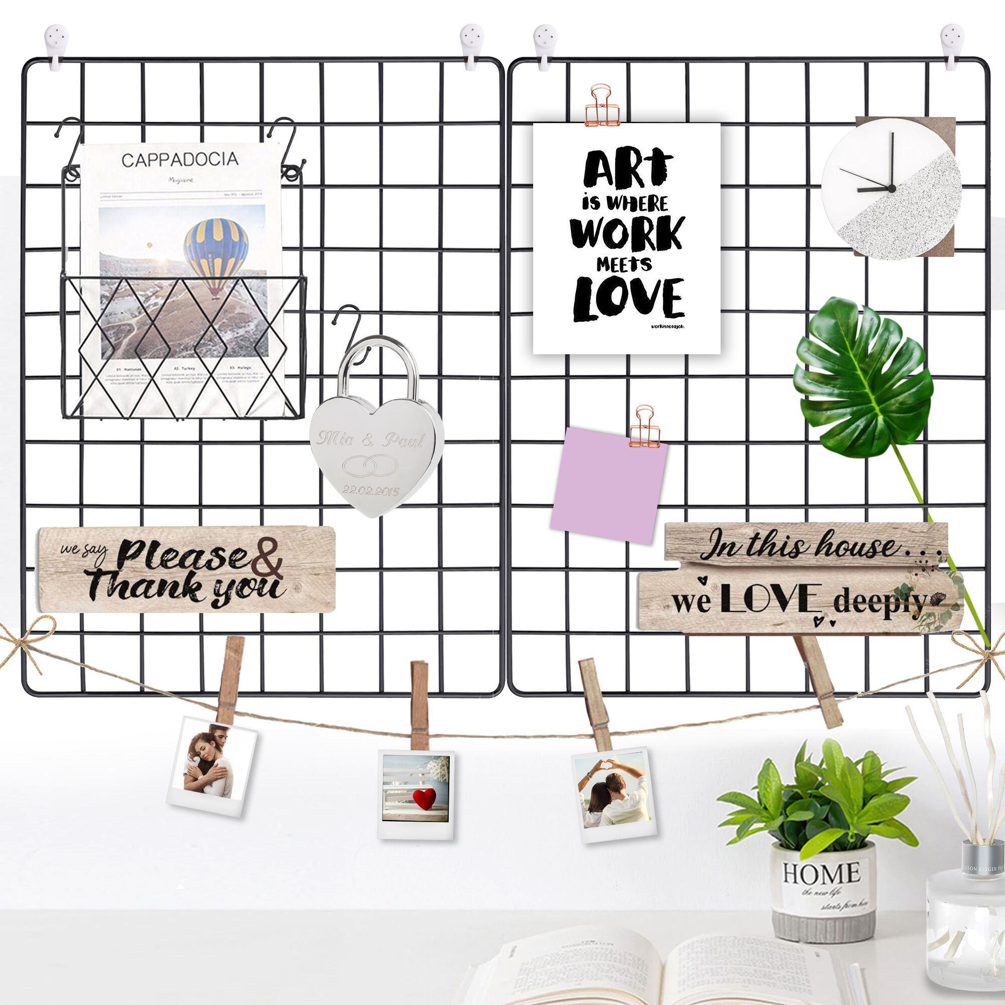 Set van 2 metalen wandrekken - memobord - met haken en clips - zwart
