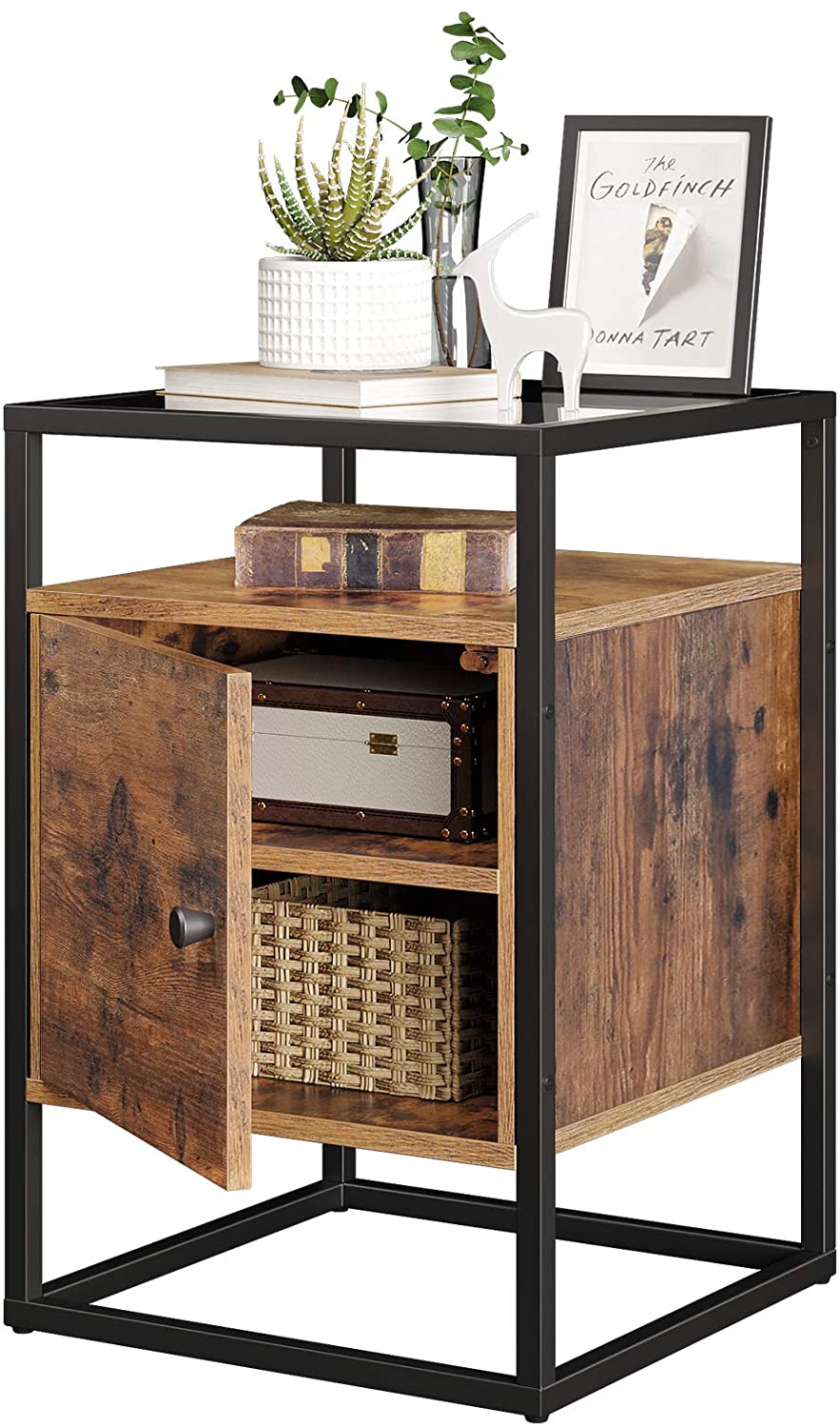 Nachtkastje - uit hout en gehard glas - met kast - industriële stijl - vintage bruin