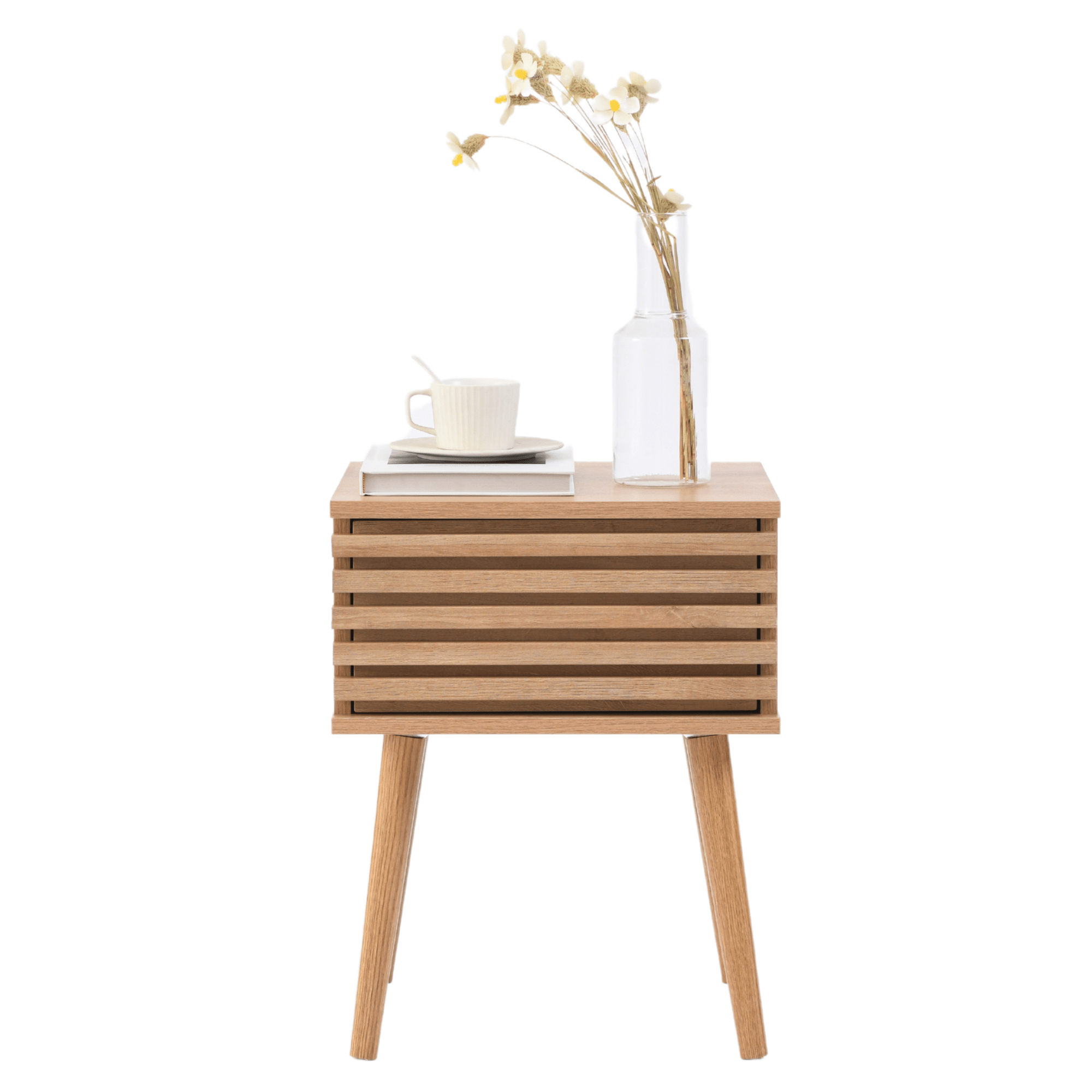Nachtkastje - bijzettafel - 39 x 40 x 50.5 cm - eiken kleur - rotan accent - nachtkastje met lade