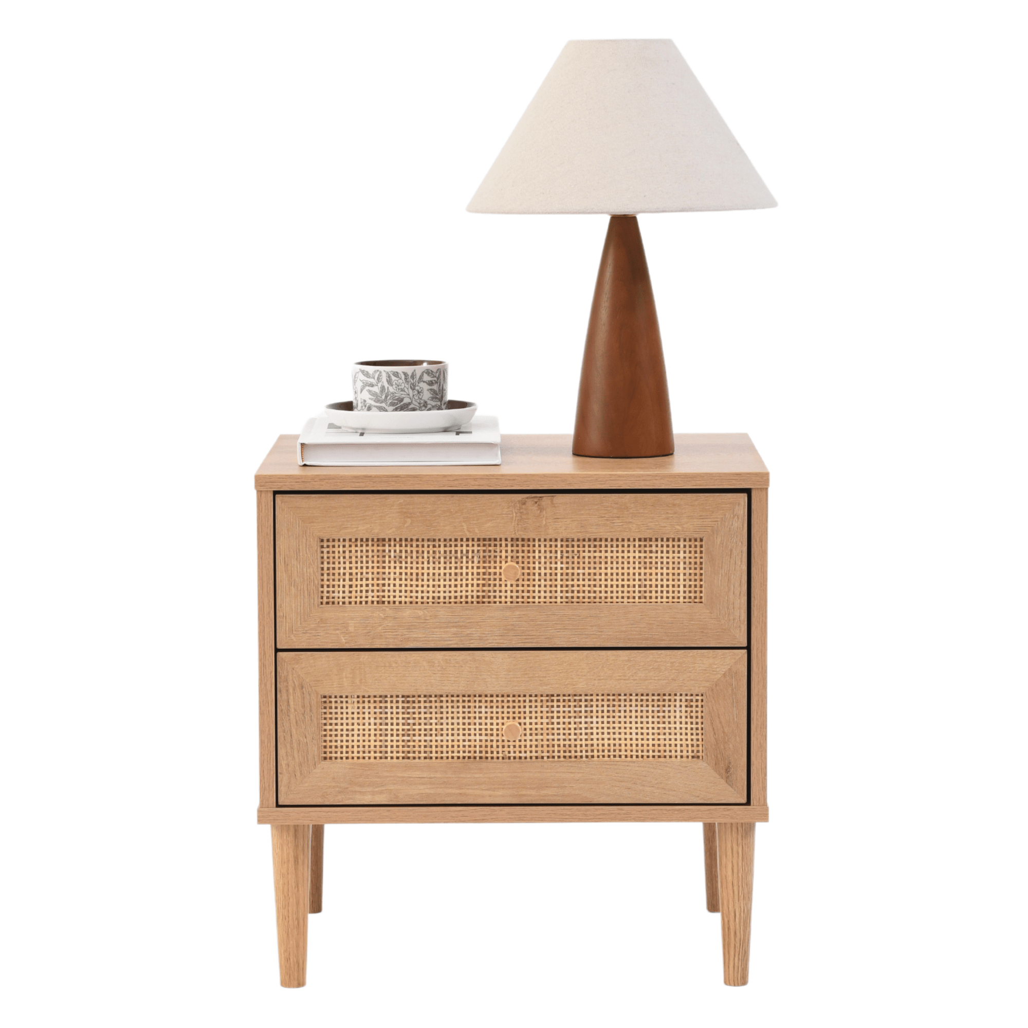 Nachtkastje - bijzettafel - 39 x 48 x 49 cm - eiken kleur - rotan accent - met lade