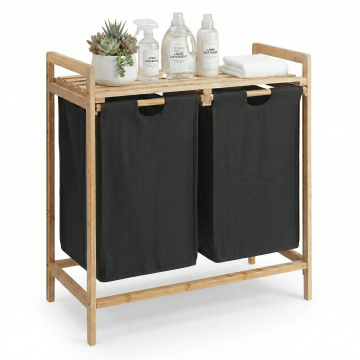 Wasmand - 2 uitschuifbare waszakken - wassorteerder - 44 liter - bamboe - 64.5x73.5x33 cm - zwart