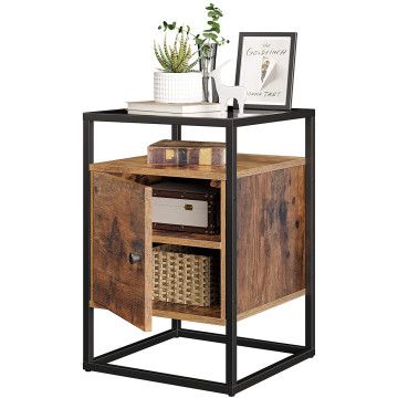 Nachtkastje - uit hout en gehard glas - met kast - industriële stijl - vintage bruin Nachtkastje - uit hout en gehard glas - met kast - industriële stijl - vintage bruin