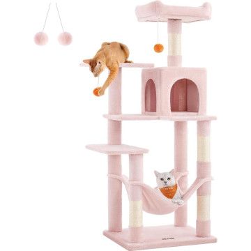 Grote krabpaal voor meerdere katten - met hangmat - kattenpaal - 143 cm - roze