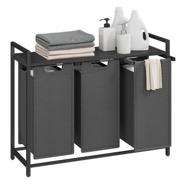 Wasmand - 3 vakken - oxford stof - 3 x 38 L - 92,5 x 33 x 72 cm - zwart/grijs