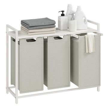 Wasmand 3 Vakken - Wasverzamelaar met Plank - Wasbox - Waszak van Oxford-stof - Uitneembaar - metalen Frame, 3 x 38 L - 92,5 x 33 x 72 cm - Wit