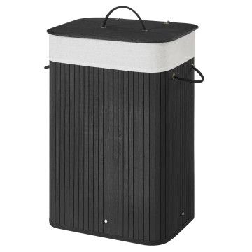 Wasmand met deksel - bamboe - katoenen zak - 72 liter - 40x60x30 cm - zwart 