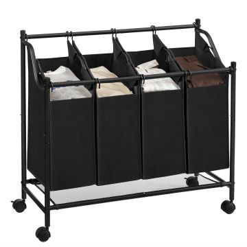 Mobiele wasmand - 4 vakken van elk 35 liter - 81 x 88 x 39 cm - zwart 