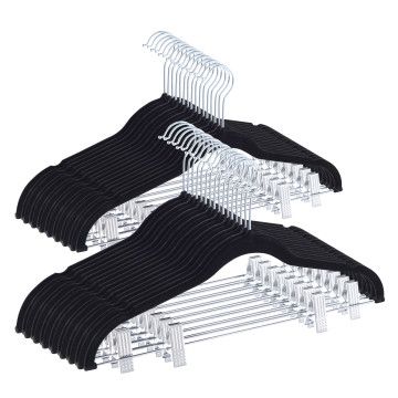 Set van 20 fluwelen kledinghangers - met clips - kleerhangers met knijpers voor rok, broek - voor dames of heren - metalen haak - zwart