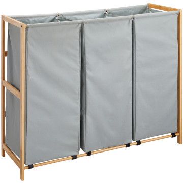 Houten wasmand - 180 liter - 3 vakken- 99.5x82.5x38.5 - ruwe stof - grijs