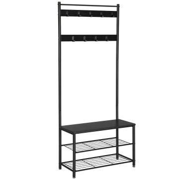 Staande Kapstok met 9 Haken en Schoenenrek - Garderoberek - 70x32x175cm - Zwart