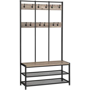  Staand garderoberek XL - met kapstok in hout en metaal - 12 haken - 100x40x186cm - grijs