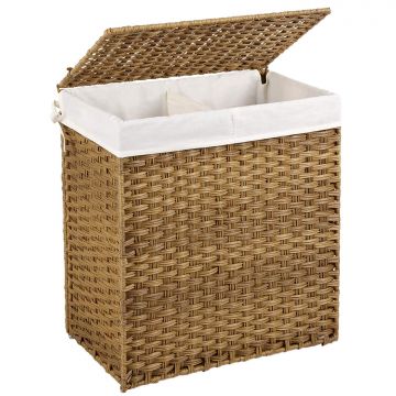 Geweven wasmand - 2 vakken van elk 55 liter - synthetische rotan - 57x60x33 cm - bruin