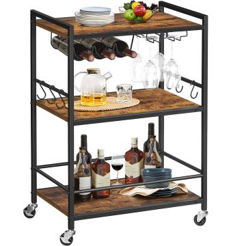 Keukentrolley op Wieltjes - Serveerwagen - Trolley - Bijzettafel op Wieltjes - 3 planken met Haakjes en Wijnaccessoires - Bruin