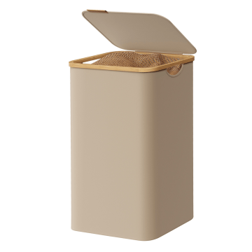 Wasmand met deksel - 90 L - bamboe - 42 x 33 x 70,5 cm - zandkleur