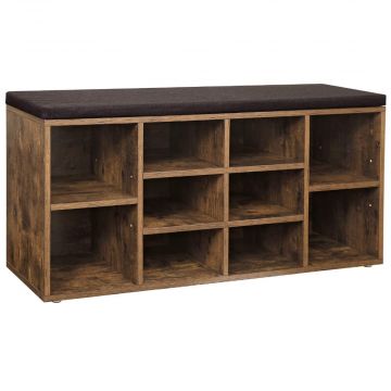 Schoenenbank - met kussen - 10 vakken - 104x48x30 cm - vintage bruin 