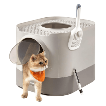 Kattenbak - kattentoilet -  54 x 42.8 x 40 cm - warm grijs - met schep en borstel - kattenbakken