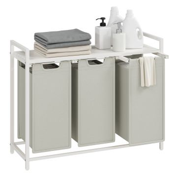 ACAZA Wasmand 3 Vakken - Wasverzamelaar met Plank - Wasbox - Waszak van Oxford-stof - Uitneembaar - metalen Frame, 3 x 38 L - 92,5 x 33 x 72 cm - Wit