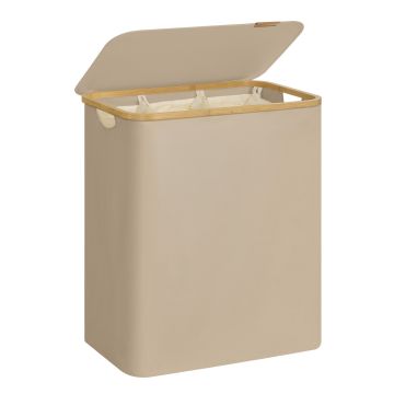 Wasmand 3 vakken - wasmand met deksel - 150 L - bamboe - 60 x 38,5 x 70,5 cm - zandkleur