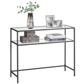 Consoletafel, Bijzettafel met 2 planken, 100 x 35 x 80 cm, gehard glas, Opbergrek, metalen frame, Verstelbare poten, voor Woonkamer, Gang, zwart