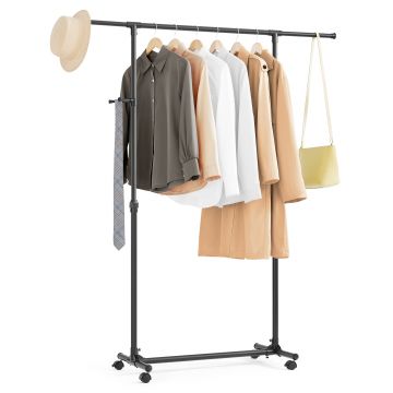 Kledingrek met wielen - kledingrek - verstelbare hoogte tussen 97-165 cm - kledingstang met uitschuifbare stang - zijhaken voor accessoires en tassen - zwart