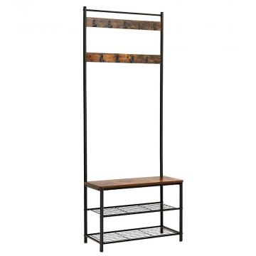 Multifunctioneel garderoberek - industriële look - 9 haken - 70x175x32 cm - vintage bruin
