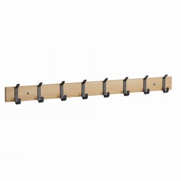 Lange wandkapstok - retro - 16 zwarte haken - 88x6.5x1.5 cm - lichte eik