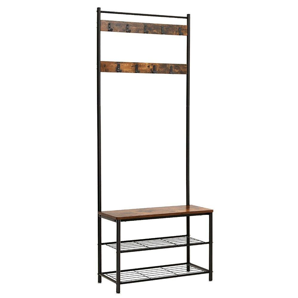 Multifunctioneel garderoberek - industriële look - 9 haken - 70x175x32 cm - vintage bruin
