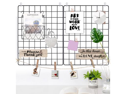 Set van 2 metalen wandrekken - memobord - met haken en clips - zwart