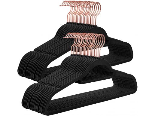 Fluwelen kledinghangers - set van 50 - antislip - met roségouden draaibare haak - ruimtebesparend - zwart